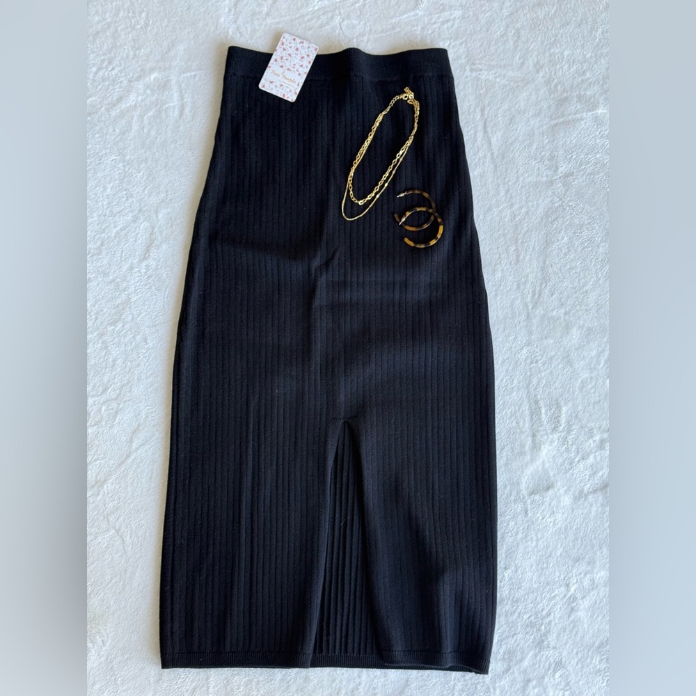 Free People Black Ribbed Midi Skirt, small, low front slit